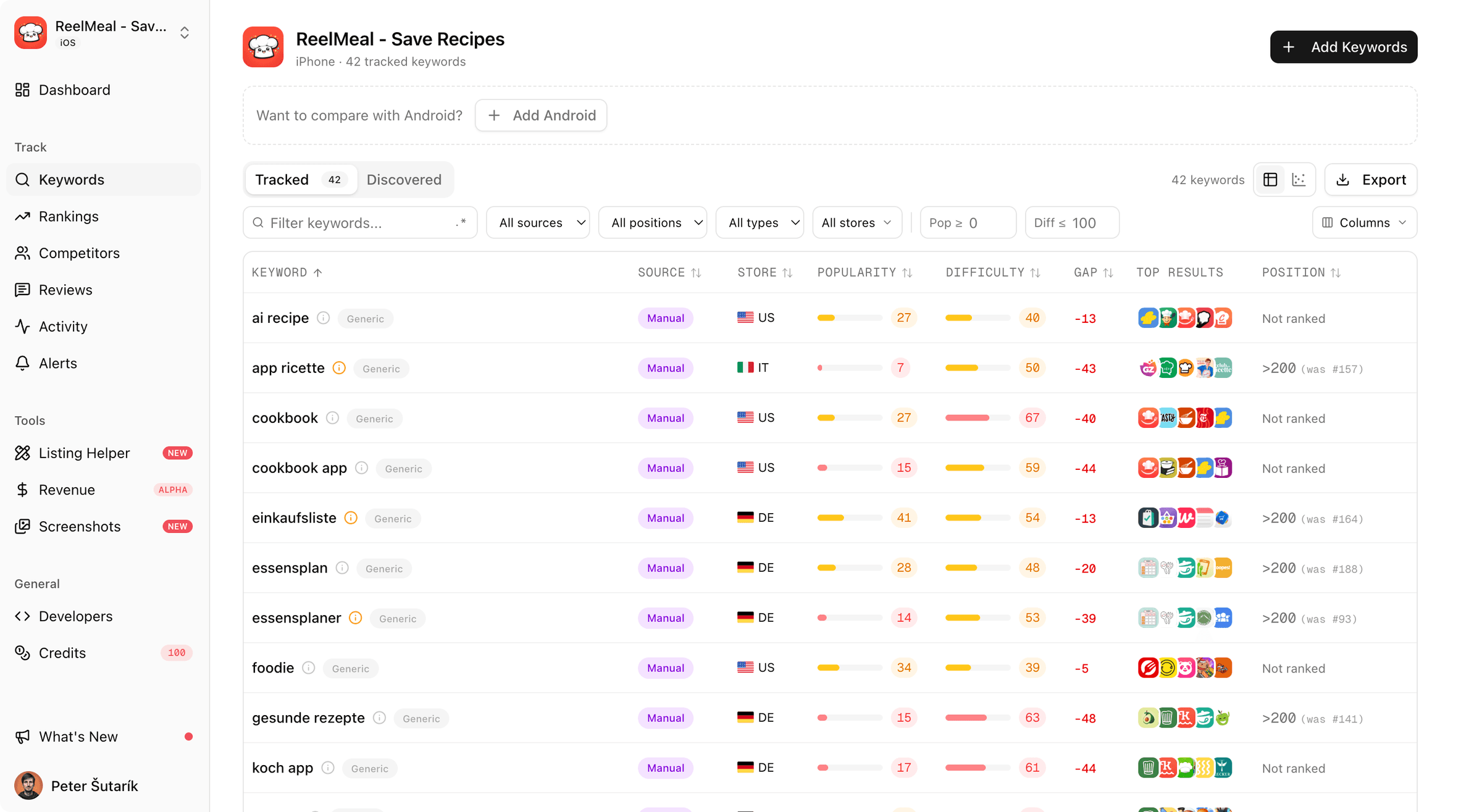 Sonar keyword dashboard — tracked keywords with popularity, difficulty, gap, top results, and position for a real app